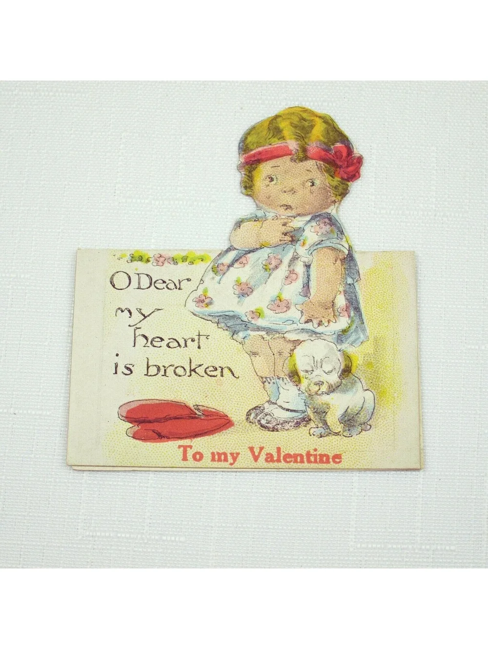 Vintage Valentine Cutout Card Stand Up Girl Crying Puppy Dog 1920s-30s UNSIGNED